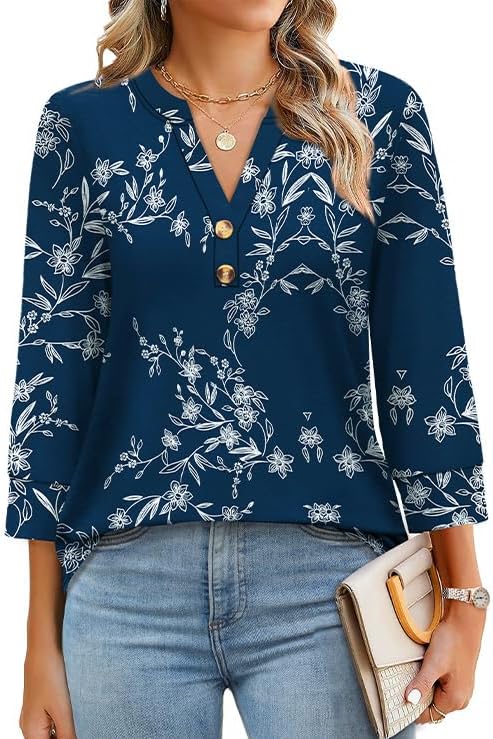 OFEEFAN Womens Tops 3/4 Sleeve Henley Shirts for Women Summer Outfits Fashion Clothing