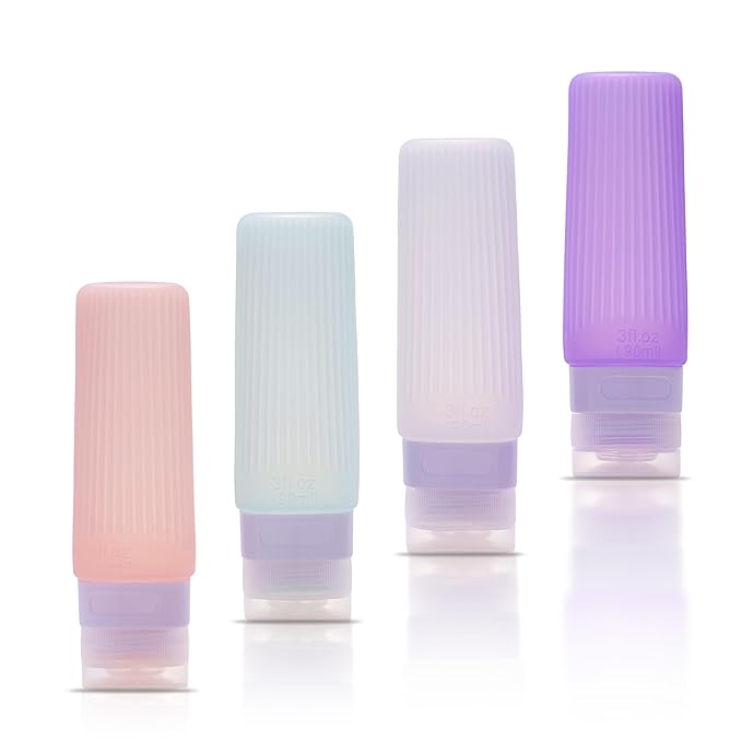 Travel Bottles for Toiletries, TSA Approved Silicone Travel Containers for Toiletries, Leak Proof 3 oz Refillable Bottles for Shampoo, Conditioner, Translucent Pastel Color (4 Pack)