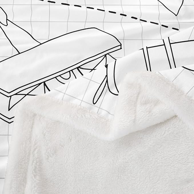 Cartoon Airplane Kids Throw Blanket,Cloud American Aircraft Cute Bed Blanket for Girls Boys Adults,Geometric Grids Patchwork Fleece Blanket,Black White Fuzzy Blanket,Queen Size (90 x 90 Inches)
