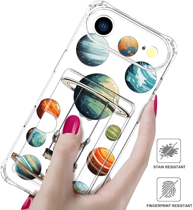 Compatible with iPhone 17 Air Case Card Holder for Women Cute Design,Wallet Phone Cases Transparent Cool Kawaii Protective (Clear Astronaut Space Planets)