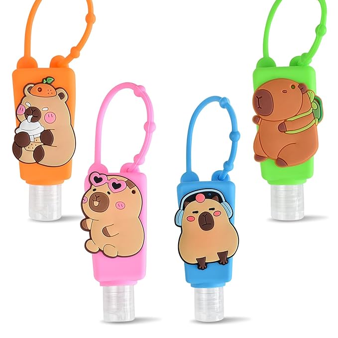 Refillable Travel Bottles Containers, 4 Pack Hand Sanitizer Travel Size Holder with Empty Silicone Bottles Case Keychain Carrier, Leak Proof Portable Bottle for Liquid Soap, Lotion (Capybara)