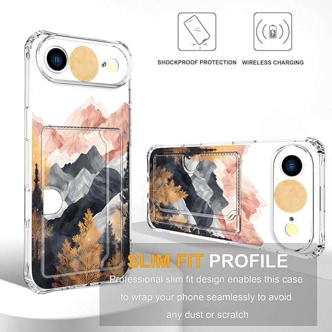Compatible with iPhone 17 Air Case Card Holder for Women Cute Design,Wallet Phone Cases Transparent Cool Kawaii Protective (Clear Mountain Hill Landscape)