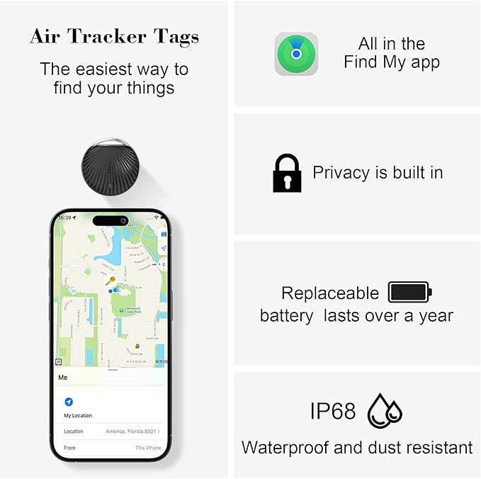 Air Tracker Tag, [MFi Certified] Smart Tag, Pet Bluetooth Tracker for Apple Find My, IP68 Waterproof,Replaceable Battery, Key Finder and Item Locator for Keys, Bags, Pets, Wallet-Black