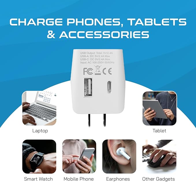 Ceptics Japan, Philippines Travel Adapter Plug with Dual USB - Usa Input - Type A - Ultra Compact (CTU-6) - Perfect for Cell Phones, Laptops, Camera Chargers