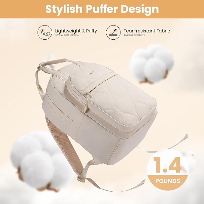 LOVEVOOK Laptop Backpack for Women, College Travel Backpack Puffer Womens Backpack for 17.3 Inch Laptop, Computer Water-Resistant Quilted Casual Daypack, Beige