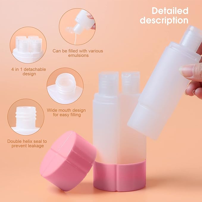 Olatay Travel Bottle, TSA approved 4-in-1 Leak-Proof Bottle, 4 * 60ml/2oz, with 2 Pre-printed Labels for Travel Gym Camping, Carry-On Travel Size Toiletries Shampoo Lotion Bottle for Women Men(Pink）