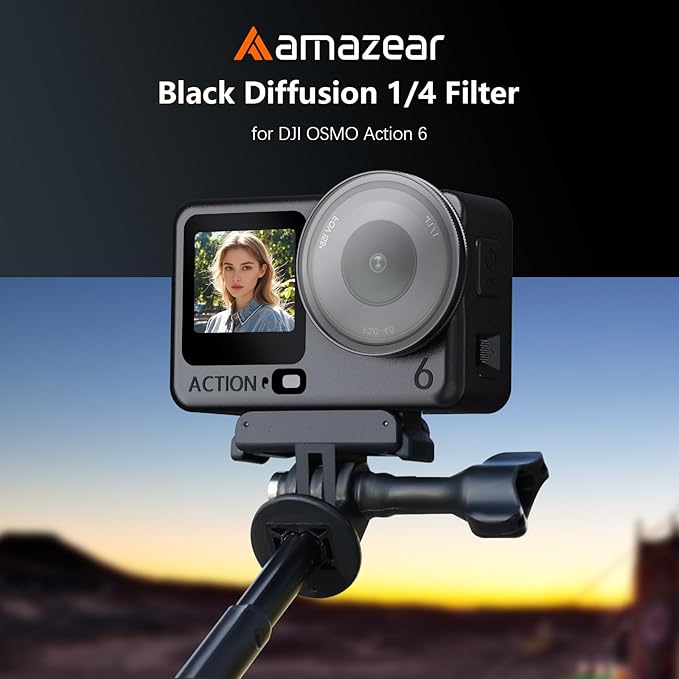 AMAZEAR Black Diffusion 1/4 Filter for DJI OSMO Action 6 Accessories Pro Mist Style Lens Filter to Soften Skin & Create Cinematic Glowing Highlights, Reduce Harsh Contrast, HD Optical Glass