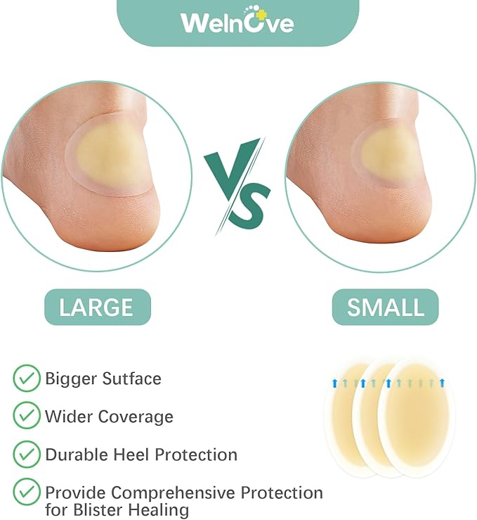 Welnove Gel Blister Bandages for Feet - 30ct Blister Cushion for Heel, Toe - Water-Resistant Hydrocolloid Bandages - Blister Pads for Prevention & Recovery (Heel Pack)