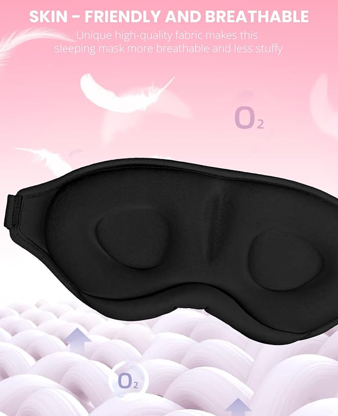 Sleep Mask for Side Sleeper Women Men, Light Blocking Eye Mask for Sleeping, 3D Contoured Cup Sleeping Mask for Zero Eye Pressure, with Adjustable Elastic Strap for Sleep Travel, Black