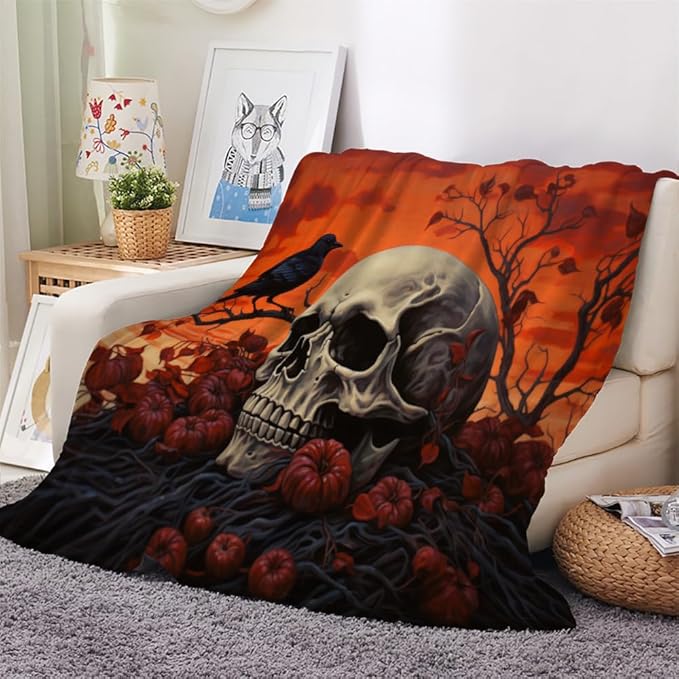 3D Sugar Skull Throw Blanket, Skeleton Bones Fleece Blanket for Couch Bed Sofa, Red Flowers Blankets and Throws, Gothic Skull Super Soft Cozy Plush Flannel Blanket 50x60, Decor & Gift