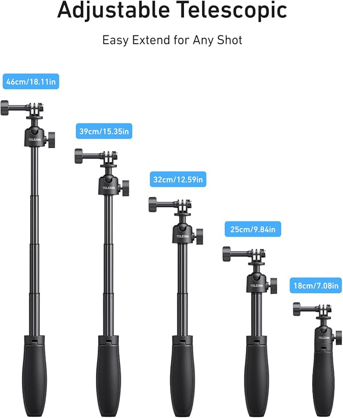 TELESIN 18.1'' Mini Selfie Stick Tripod for DJI OSMO Nano Action 6 5 4, Pocket 4 3, GoPro Hero 13 12, Insta360 X5 X4, Xtra Edge Camera Accessories, 360°Adjustable Monopod, Extended Handle Grip