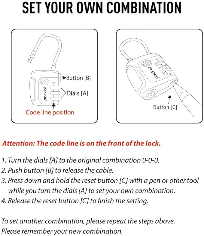 pack all TSA Approved Cable Luggage Locks, 3 Digit Combination Padlocks, Travel Lock for Suitcases & Bag, Alloy Body, Travel Accessories (4 Pack)