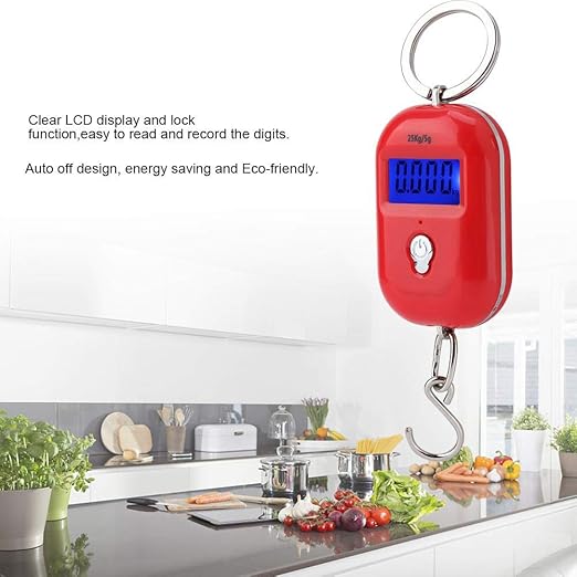 Mini Electronic Scale, Fish Weighing Scales Red Portable 25Kg/5G Hanging Scale Digital Pocket Key Chain Weight Hook Kitchen Food Weight Gauge Measuring Tools with Backlight for Home Farm Market