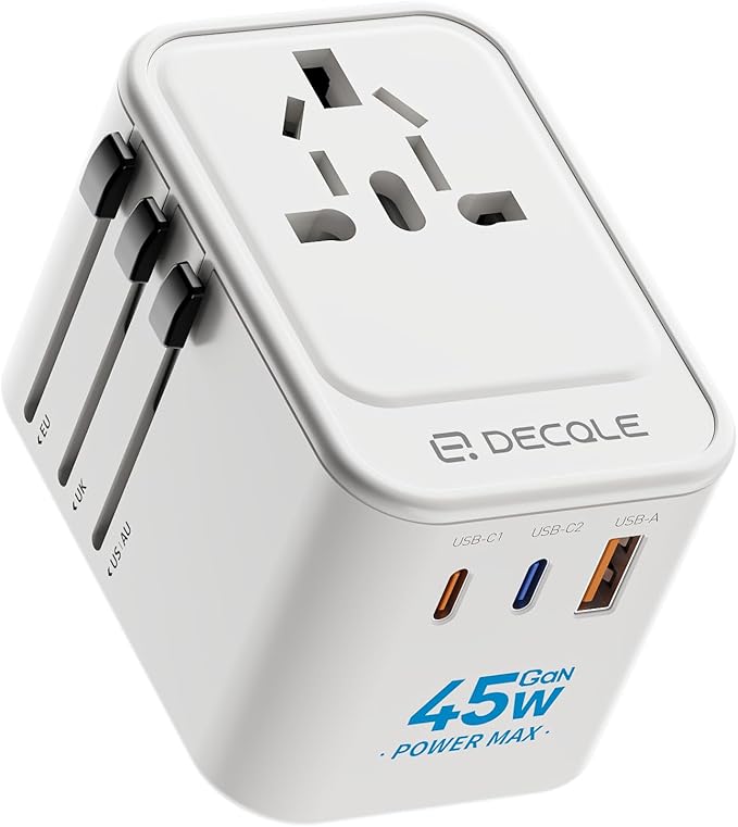 Universal Travel Adapter, International Travel Plug Adapter with 2 USB-C(GaN 45W) ＆ 1 USB-A Ports, All in One Portable Adaptor, for USA, UK, EU, AU ＆ 224+ Countries (White) US