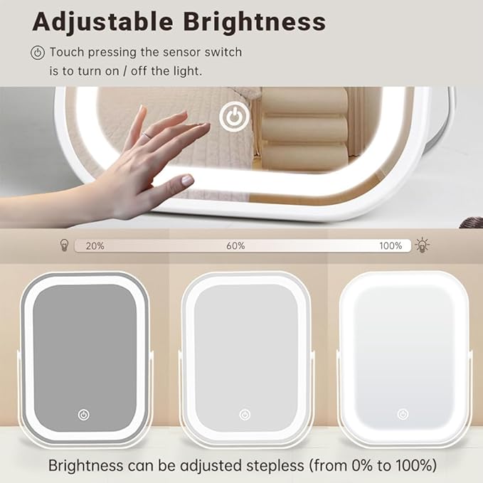 YEKKOPT Travel Makeup Mirror with Lights, Portable Small Beauty LED Vanity Mirror with Lights, 1200mAh Battery, Dimmable Touch Screen, Tabletop Folding Compact Mirror,Women Gift