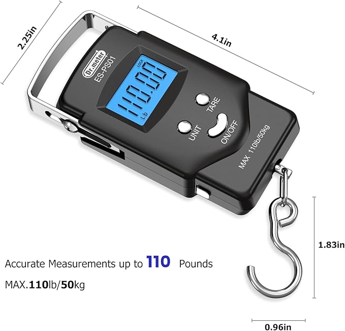 Dr.meter Fish Scale Luggage Scale Fishing Gear - 110lb Backlit LCD Display Digital Scale with Built-in Measuring Tape - Fishing Scale with 2 AAA Batteries, Pocket Size - Fishing Gifts for Men
