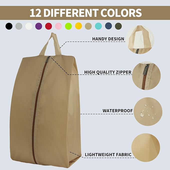 6pcs Portable Shoe Organizer, Travel Pouches with Zipper, Golf Shoe Bags, Clothes Bags, Soccer Cleats Bag Shoe Pouch for Gym, Waterproof, Odor-Resistant (Khaki)