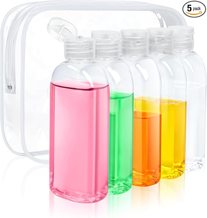 5 Pack 3.4 oz Clear Travel Bottles Kit for Toiletries, TSA Approved Travel Size Portable Refillable Containers Leak Proof Travel Accessories Essentials Set for Shampoo Conditioner Lotion