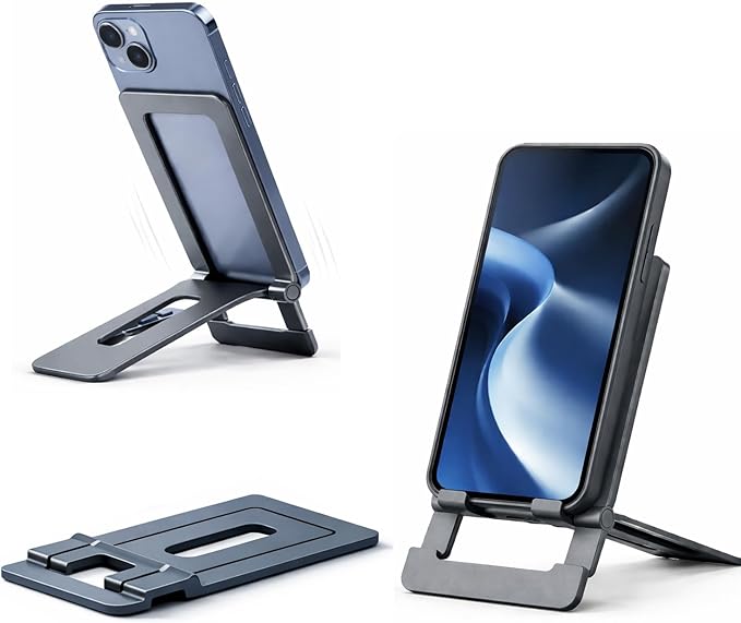 Mizi Aluminium Phone Stand for Desk, Foldable Adjustable Cell Phone Holder, Portable Travel & Office Accessory Compatible with iPhone 17 16 15 14 13 Pro Max, Samsung S25 S24 S23 Ultra, Kindle – Grey