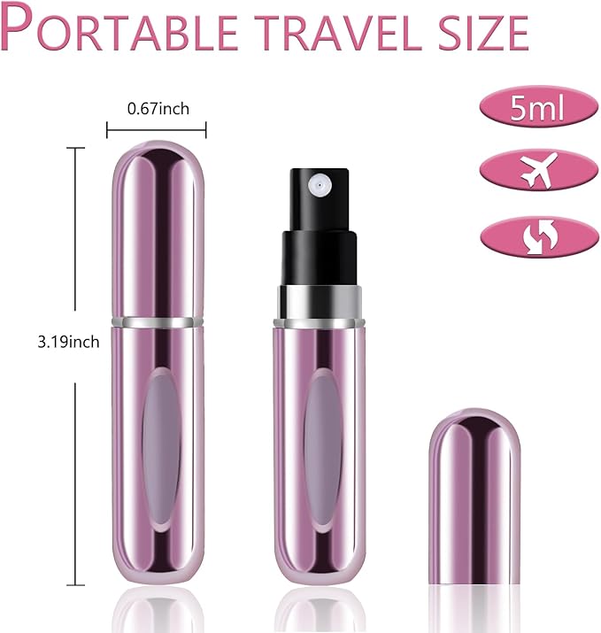 opasyo 5 Pcs Mini Refillable Perfume Portable Atomizer Bottle, 5ml Bottom-Fill Perfume Spray Scent Dispenser, Leak-Proof Travel Pump for Cologne, Aftershave & Purse (Silver/Pink/Gold/Blue/Black)