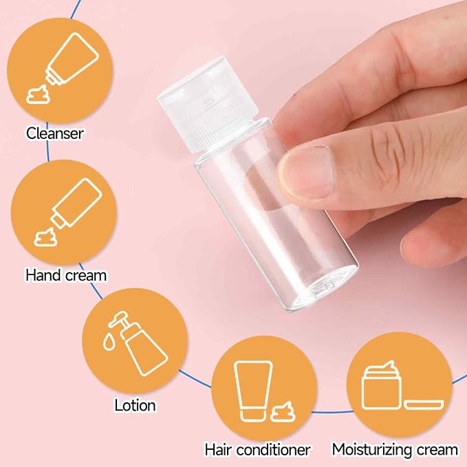 KALIONE Travel Size Make up Sample Containers, 12 Clear Plastic Mini Travel Bottles, 1/2 Oz, Leak Proof, User-Friendly, Versatile Usage for Travel Liquid Toiletries