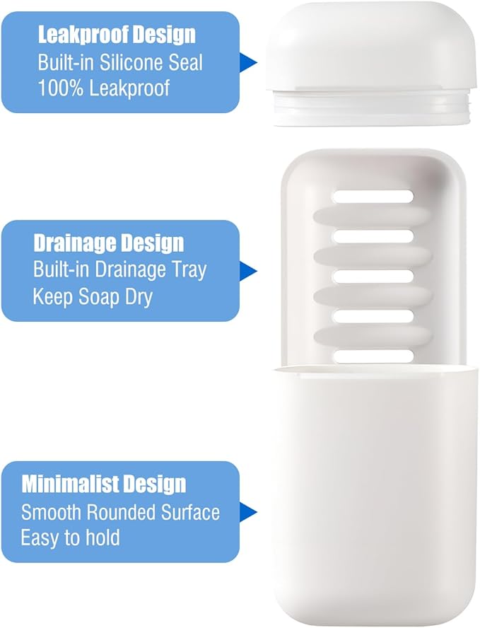 Minimalist Travel Soap Case with Removable Draining Tray, Compact Leak-Proof Travel Soap Container with Silicone Seal, White, 1 Pack