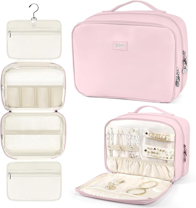YOPCDJ Hanging Toiletry Bag with Jewelry Organizer,Travel Bag for Toiletries,PU Leather Cosmetic Bags for Women Make Up Organizer with 4 Compartments Waterproof Portable Travel Essentials