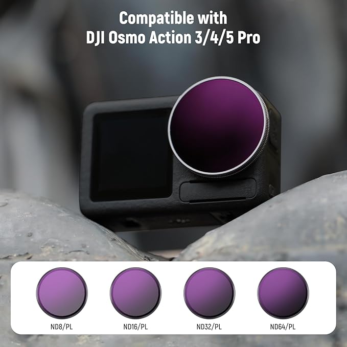 NEEWER ND/PL Filter Set Compatible with DJI Osmo Action 3/4/5 Pro, 4 Pack ND8/PL+ND16/PL+ND32/PL+ND64/PL Neutral Density Polarizing Action Camera Accessories Multicoated HD Optical Glass, FL-A77
