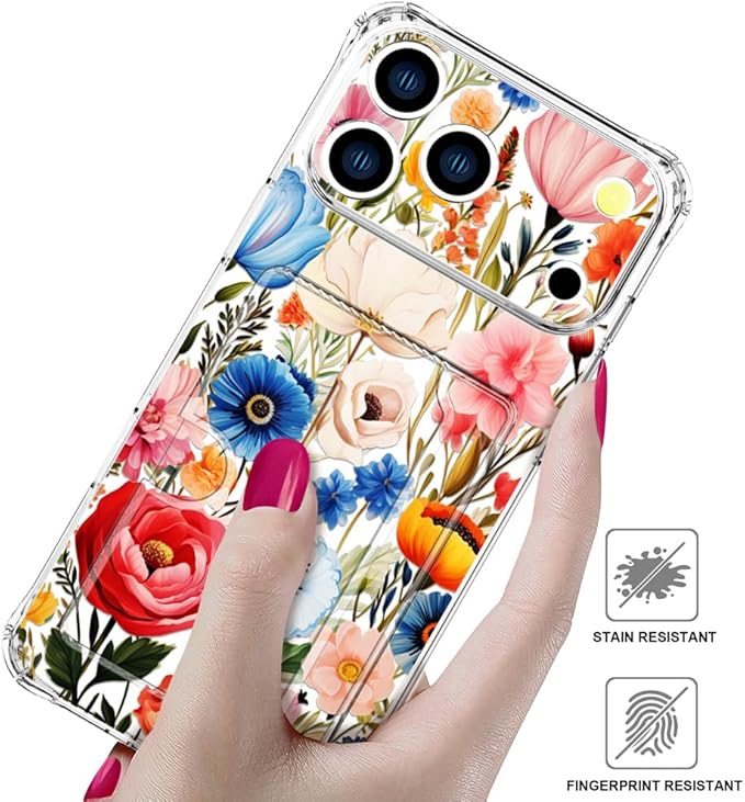 Compatible with iPhone 17 Pro Max Case Card Holder for Women Cute Design,Wallet Phone Cases Transparent Cool Kawaii Protective (Clear Flower Art Rose Peony)