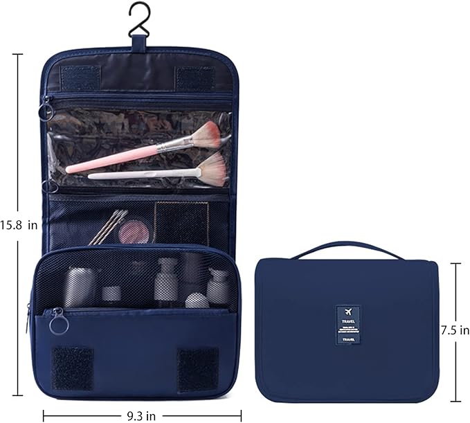 Travel Toiletry Bag with Hook, Hanging Toiletries Bag for Women Makeup and Small Cosmetics Organizer Blue