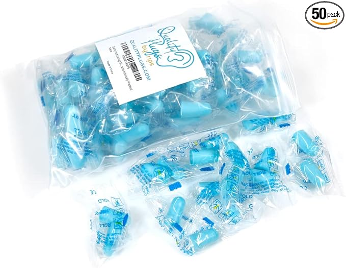 Quality Foam Blue Earplugs - 50 Pairs Bulk Pack, 32db High Decibel Noise Cancelling Ear Plugs for Sleeping, Snoring, Work, Construction, Woodworking - Disposable, Soft, Comfortable, & Soundproof