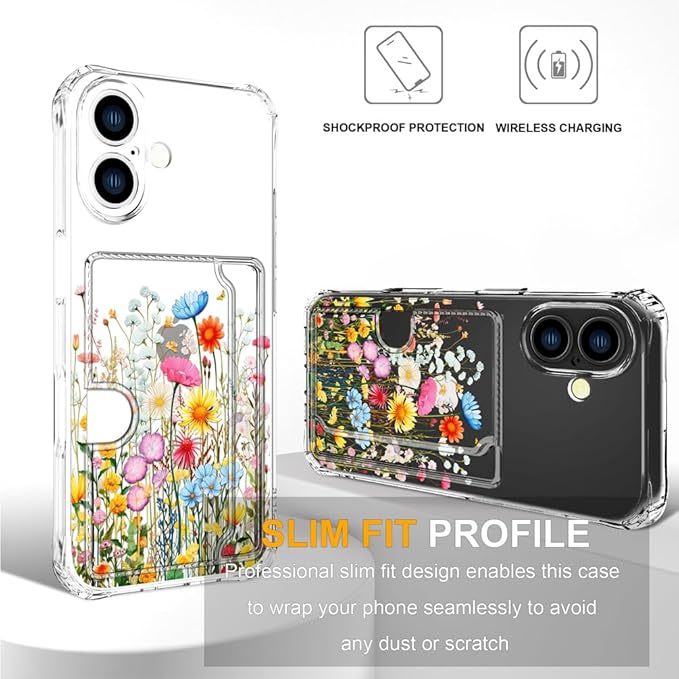 Compatible with iPhone 16 Plus Case Card Holder for Women Cute Design,Wallet Phone Cases Transparent Cool Kawaii Protective (Clear Flowers Herbs Wild Plants)
