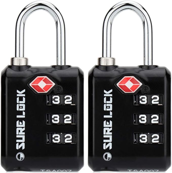 SURE LOCK TSA Approved 3 Digit Luggage Locks With Zinc Alloy Body and Hardened Steel Shackle To Lock Travel Suitcase