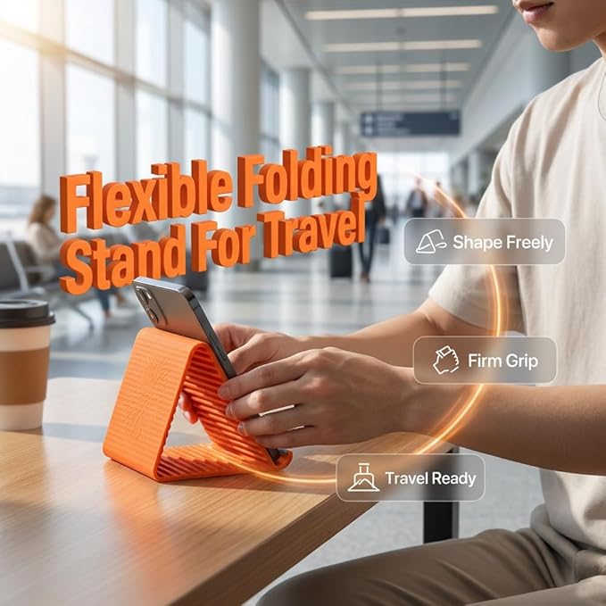 Eadwe Portable Foldable Silicone Aluminum Phone Holder, 2026 New Adjustable Phone Stand for Desk, Airplane Phone Holder for Tablet Laptop Desk Travel Non-Slip Bed Office Treadmill (Orange+Black)