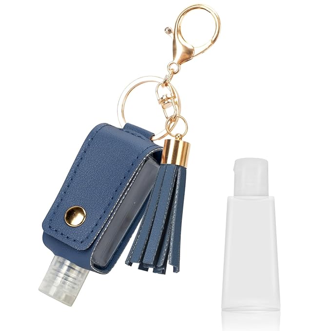 Unaone 1oz/30ml Hand Sanitizer Holder Travel Size, Empty Bottle Leather Sanitizer Holder with Keychain Portable Small Squeeze Bottle Refillable Container for Toiletry Lotion Liquid Soap Shampoo Blue