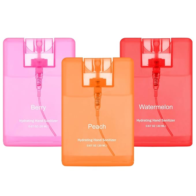 Set of 3 Power Mist Hydrating Hand Sanitizer Spray Bulk Travel Size Portable Hand Sanitizer 0.67 Fl. oz Compact Card Spray Bottle Watermelon Peach Berry Scent for Pocket Bag Purse Car Backpack