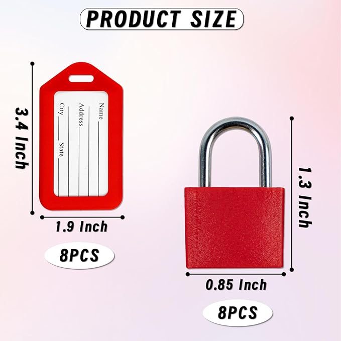 8 Pack Luggage Locks with Key+8 Pack Travel tag, Luggage Tags for Suitcases Bag Tags Name Tags, Mini Padlocks Multicolor Durable Locks for Suitcases Backpacks Boxes Cabinet and Laptop Bags (Colorful)