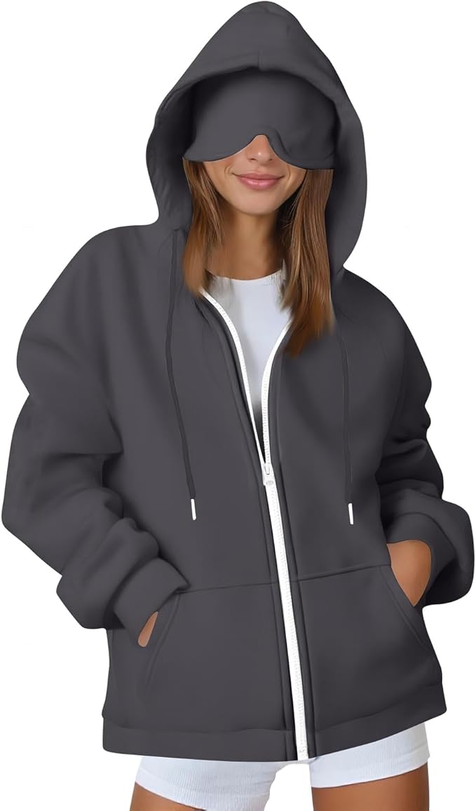 Travel Hoodie for Women Mens with Built In Eye Mask Hidden Pockets Airplane Travel Zip Up Outfits