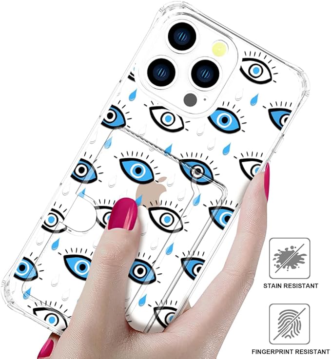 Compatible with iPhone 16 Pro Case Card Holder for Women Cute Design,Wallet Phone Cases Transparent Cool Kawaii Protective (Clear Blue Evil Eyes)
