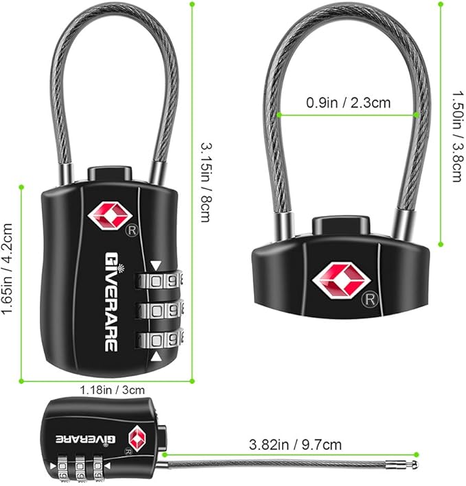 GIVERARE TSA Approved Luggage Locks, Combination Travel Cable Lock, Re-settable 3-Digit Padlocks with Alloy Body, Keyless Travel Sentry Accepted Padlock for Gym Locker, Golf Bag Case, Backpack-Black