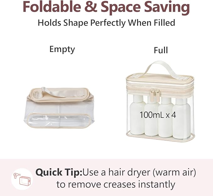 PACKISM TSA Approved Toiletry Bag 2 Pack - Quart Size Clear Makeup Bag with Handle & Dual Metal Zippers, Large Opening 3-1-1 Airline Compliant Security Travel Organizer for Carry On Liquids, Beige