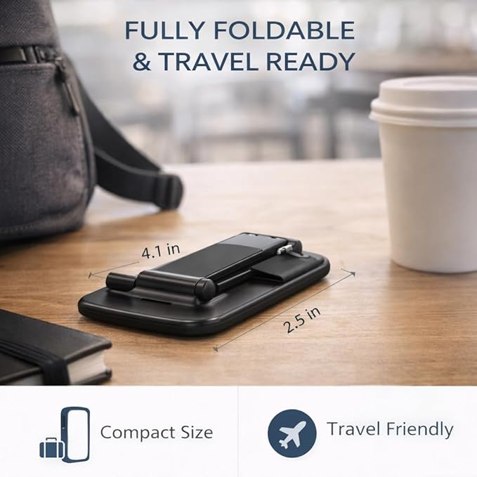 Mizi Portable Cell Phone Stand for Desk - Height & Angle Adjustable Mobile Foldable Holder, Compatible with iPhone 17 16 15 14 13 12 11 Pro Max, Galaxy S25 S24, All 4–10" Devices - Black