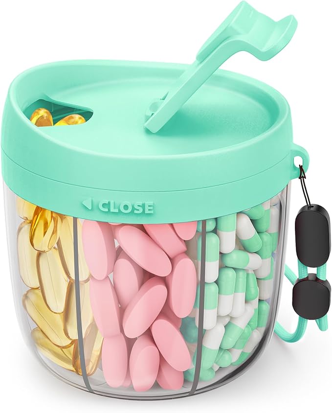 AMOOS Cute Pill Dispenser with 7 Large Compartments, Portable Pill Bottle Organizer with Wide Opening for Easy Use, Anti-Mix Pill Organizer for Travel, BPA-Free Pill Container, Green