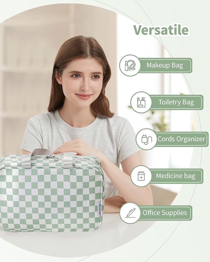 Narwey Large Capacity Travel Toiletry Bag Women, Checkered Makeup Bag with Handle, Portable Make up Cosmetic bag Organizer, Travel Bag for Toiletries, Skincare, Medicine, Essentials (Green Checker)