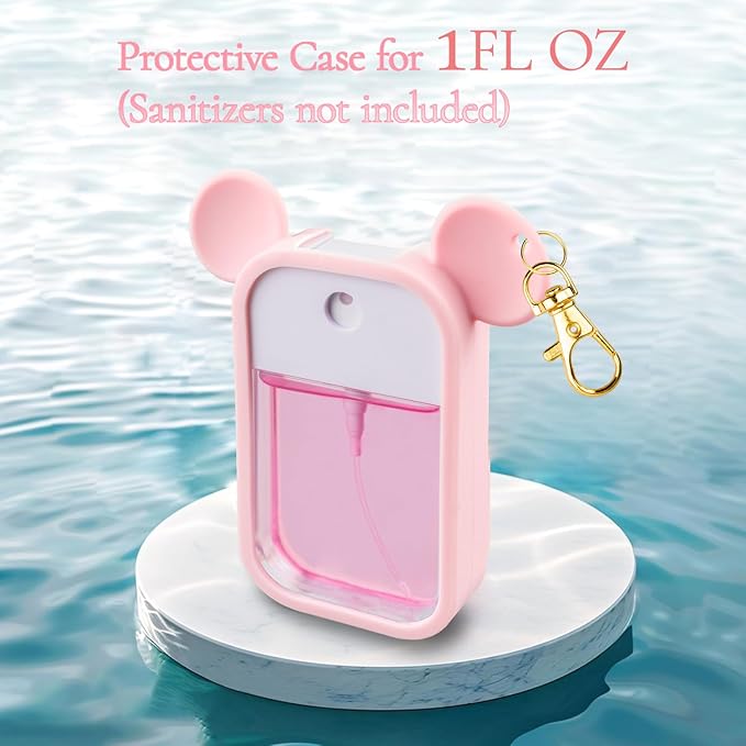 TERPINK 2 Pack Silicone Case Compatible with Touchland Hand Sanitizer Spray 1 fl oz, Mouse Design Protective Case with Keychain, Hand Sanitizer Spray Accessory (Pink+White)
