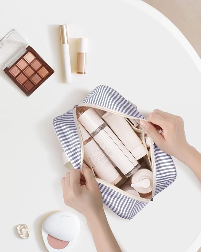 Full Size Toiletry Bag Women Large Cosmetic Bag Travel Makeup Bag Organizer Medicine Bag for Toiletries Essentials Accessories (Greyish Blue Stripe, Large)