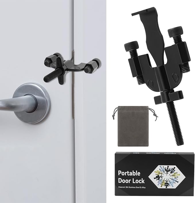 Portable Door Lock, Adjustable, Black, 3.82inch, Travel Lockdown Locks for Additional Safety and Privacy Protection