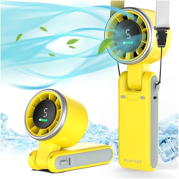 PlayHot Portable Handheld Turbo Fan, 5-Speed Personal Fans, 5000mAh Rechargeable Fans Up to 12 Hours, Weight only 0.6lb Small Fan, Hand/Neck/Desk Fan 3 IN 1, Beach Vacation Essentials(Yellow)
