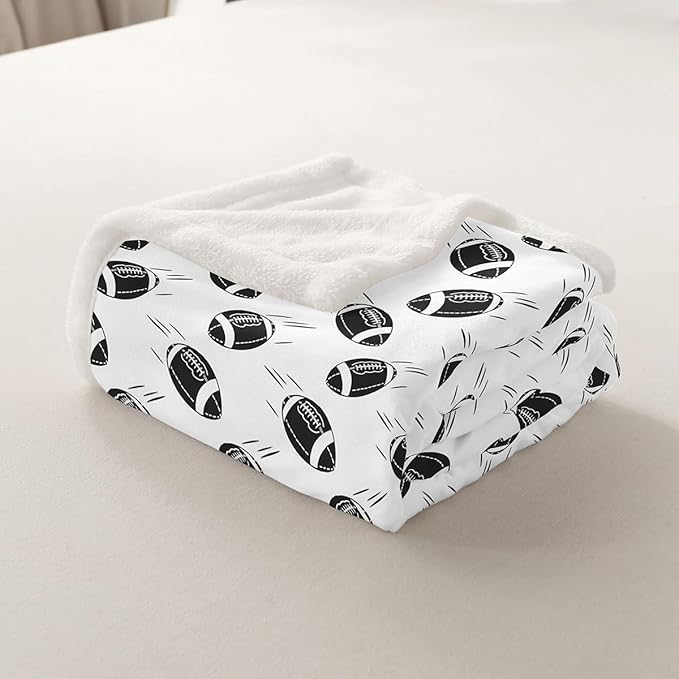 American Football Kids Throw Blanket,Ball Sports Games Competition Bed Blanket for Girls Boys Adults,Cartoon Modern Fashion Fleece Blanket,Black White Fuzzy Blanket,Queen Size (90 x 90 Inches)