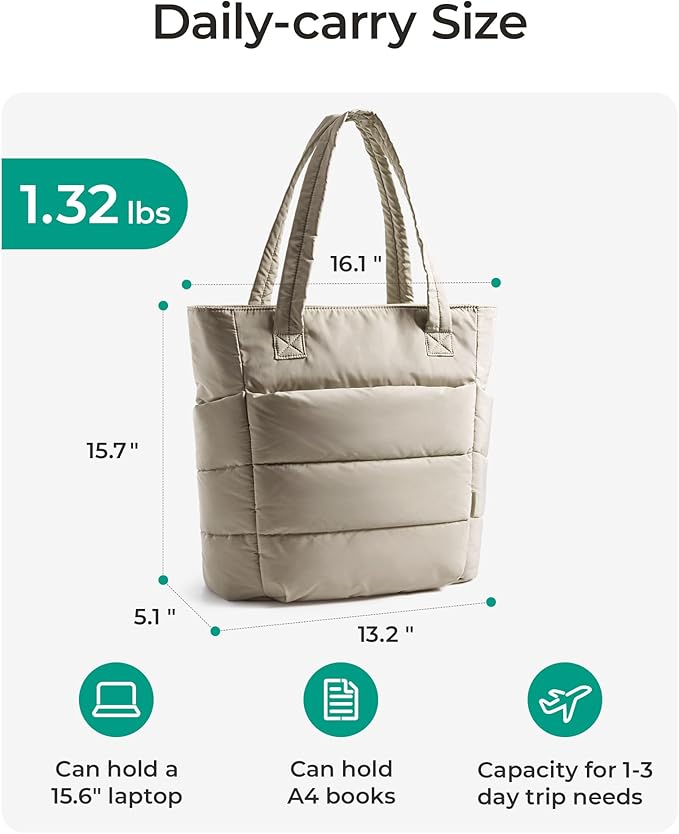 BAGSMART Tote Bag for Women, Lightweight Puffy Tote Bag with Compartments Shoulder Bag Handbag for Travel, Work, Gym | Lightweight, Puffy, Quilted, for Travel, Work